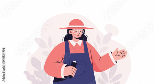 A person in a hat and overalls holds a bottle, gesturing with open palm