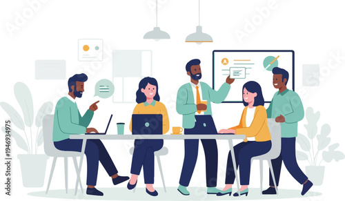 Diverse group collaborating around a table with laptops, presentation board, and plants