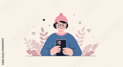 A person wearing glasses and a pink beanie holds a smartphone, surrounded by abstract plants and shapes