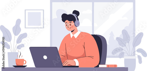 Person working on a laptop with headphones and a cup of coffee beside them