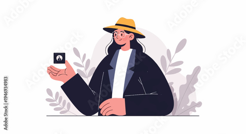 A person in a hat and glasses holds a small square icon with a flame