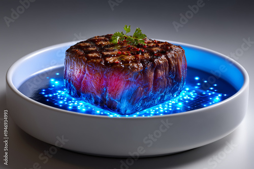 Filet de viande cultivée à texture cellulaire sur une assiette intelligente. Circuits imprimés bleus lumineux intégrés. Concept haut de gamme en biotechnologie alimentaire