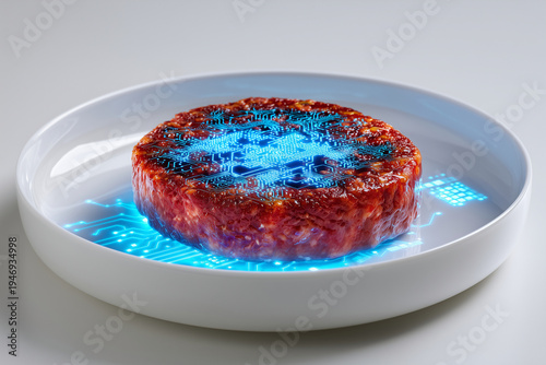 Filet de viande cultivée à texture cellulaire sur une assiette intelligente. Circuits imprimés bleus lumineux intégrés. Concept haut de gamme en biotechnologie alimentaire