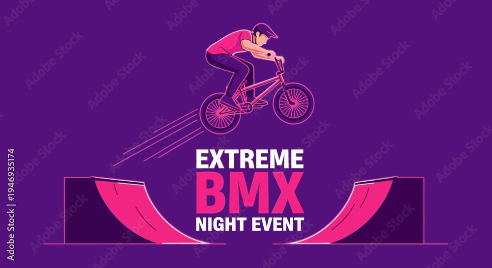 Fototapeta premium Extreme BMX Night Event Illustration Depicting Stunt Action on Purple Background