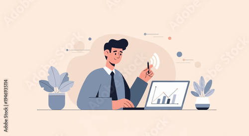 Digital interaction with data charts on a laptop, a man holds stylus over screen