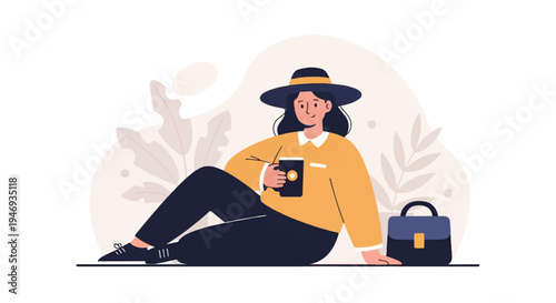 Relaxed person with hat and coffee, sitting with briefcase