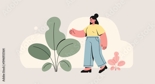 A minimalist illustration of a woman walking by plants