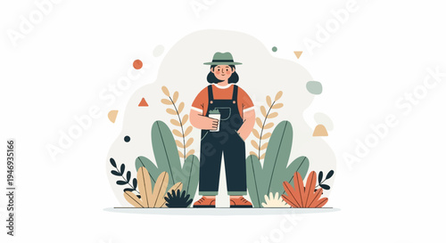 Person in overalls and hat holds a drink amidst abstract foliage and shapes