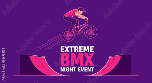 Extreme BMX Night Event Illustration Depicting Stunt Action on Purple Background