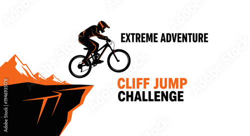 Extreme Mountain Biking Adventure: Cliff Jump Challenge on Rugged Terrain with Silhouette