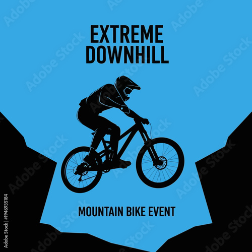 Extreme Downhill Mountain Bike Race Silhouette Design Against Blue Background Graphic