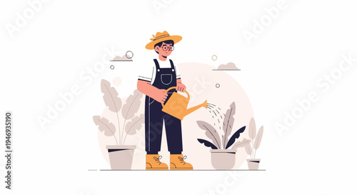 Gardener watering potted plants in a minimalist, flat design