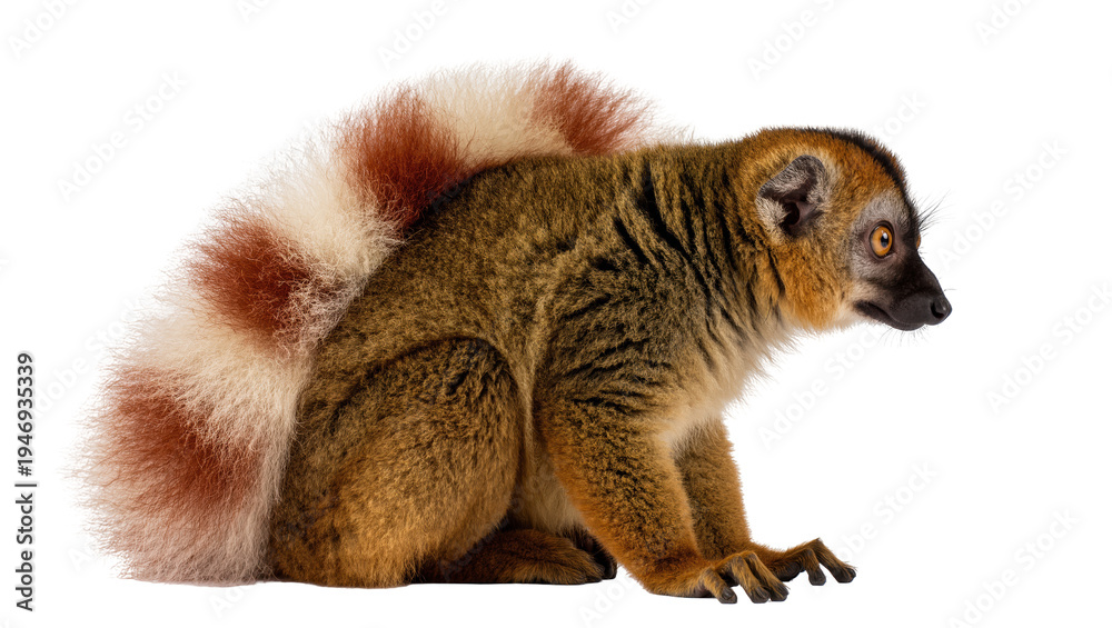Obraz premium Isolated adorable brown lemur with distinctive bushy banded tail sitting in profile, wild primate.