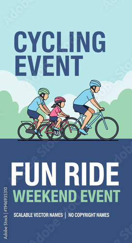 Family Cycling Event Announcement Depicting Joyful Fun Ride During Weekend Gathering