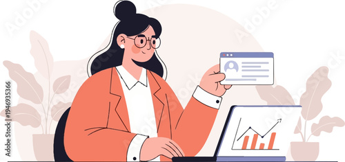 A woman in glasses and a blazer works on a laptop, reviewing data and charts