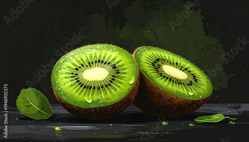 Two halves of a kiwi fruit, vibrant green flesh and skin, dark background