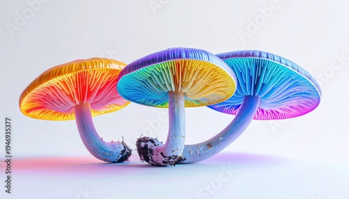 Three vibrant, glowing mushrooms of various rainbow colors on white