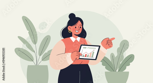 A woman with dark hair bun is presenting a tablet with a financial graph, surrounded by plants