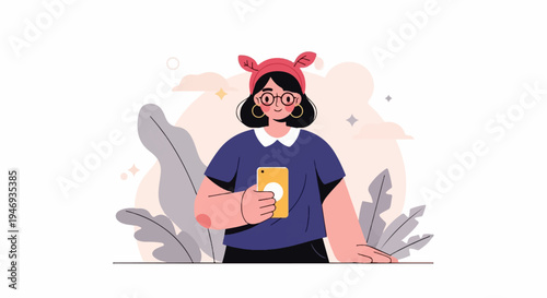 A stylized woman wearing glasses and a red headband holds a yellow smartphone in front of illustrated foliage