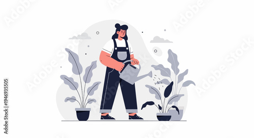 Person tending to indoor plants with a watering can in a simple graphic style