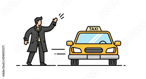 Man Hailing Yellow Taxi Cab.