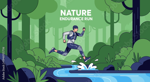 Forest Trail Runner Leaps Over Water Stream, Vector Illustration In Nature Setting