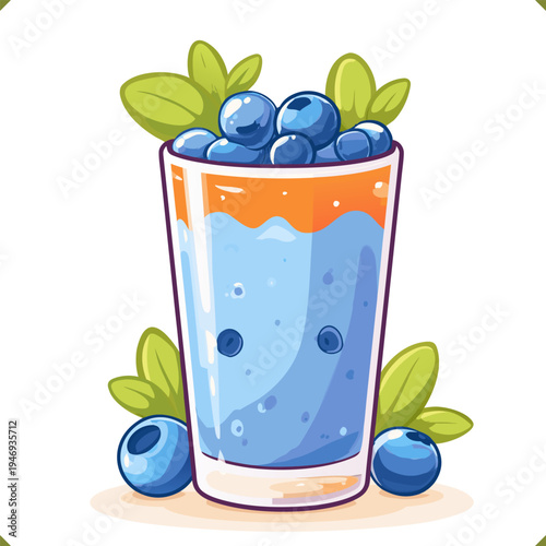 Vector illustration of blueberry smoothie in tall glass with fresh berries, refreshing summer drink isolated on a white background