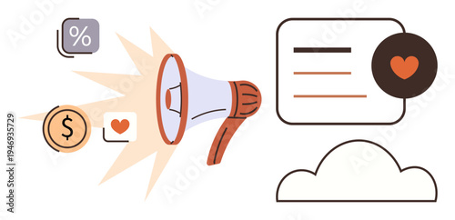 Digital advertising, online communication, brand promotion, content sharing, marketing, cloud services. Megaphone, dollar sign heart icon and cloud graphic. Digital advertising and online