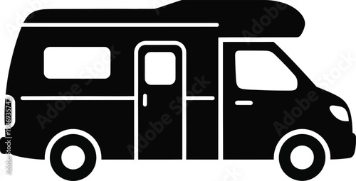 Black silhouette of a camper van with side door and windows