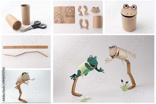 Cardboard tube frog craft with paper cut parts, scissors and assembly stages forming jumping frog figures. DIY tutorial collage photography on white background. Children paper craft and recycling