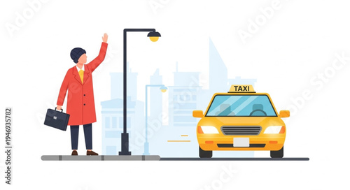 Man Hailing Yellow Taxi Cab.