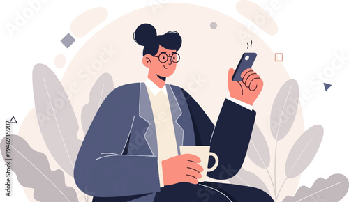 Person in business attire enjoying a coffee and phone