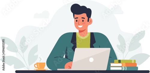 A smiling person sits at a desk with a laptop, books, and a steaming cup of coffee