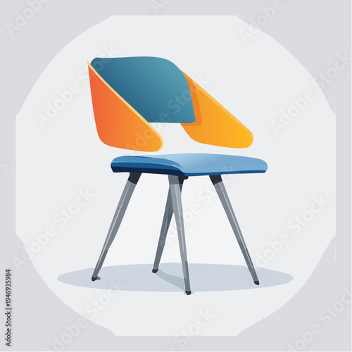 Modern Designer Chair with Orange and Blue Accents on Sleek Metal Legs