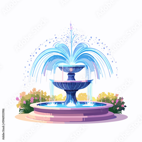 Ornate tiered water fountain with colorful flowers and sparkling water splashes