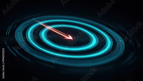 Futuristic Digital Target with Circular Light Effects and Downward Arrow in Neon Blue and Red