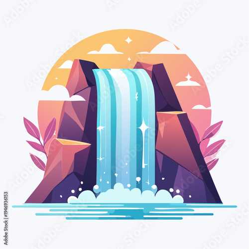 Picturesque Waterfall cascading between rugged mountains under a colorful sky, an idyllic natural scene