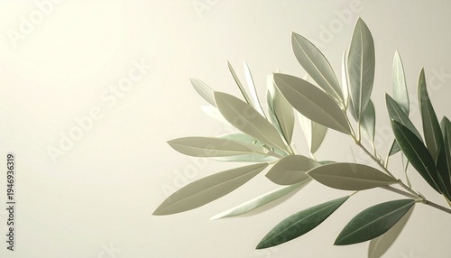 A serene illustration of green and beige leaves on a branch against a beige background