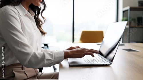Businesswoman working on laptop at office desk with chair nearby