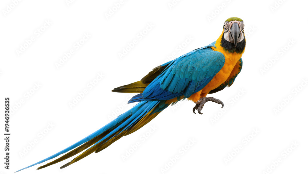 Fototapeta premium Isolated vibrant blue and yellow macaw parrot with vivid plumage and a direct gaze