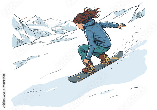Female snowboarder downhill illustration. Mountain winter sports artwork. Extreme alpine adventure graphic. Active lifestyle concept. Ski resort art.