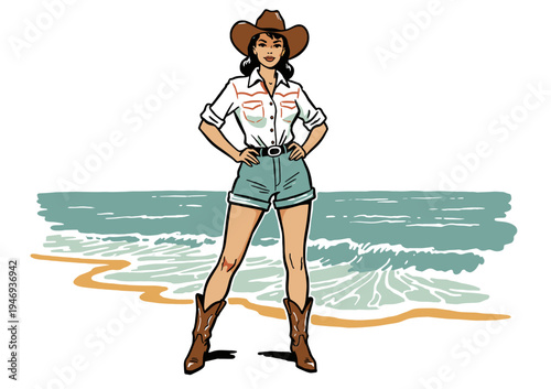 Vintage cowgirl illustration. Retro beach pin up style. Summer western fashion art. Coastal country lifestyle concept. Comic book aesthetic.