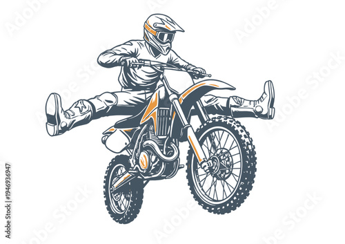 Extreme motocross stunt rider illustration. Freestyle dirt bike jumping action. Offroad motorcycle race vector art. Adrenaline sports design.