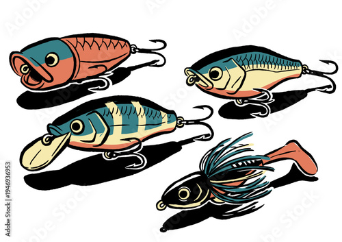 Retro fishing lure illustration. Hand drawn tackle equipment. Angling bait set collection. Vintage sport fishing gear. Popper and wobbler art.