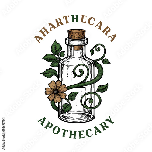 Apothecary Bottle with Botanical Illustration and Arched Text
