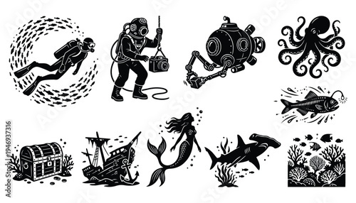 Vintage Underwater Exploration and Marine Life Silhouette Set