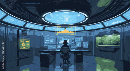 Futuristic Control Room with Person Working.