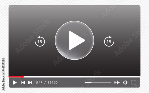 Multimedia videoplayer template on transparent background for online cinema, video live streaming, social media interface vector