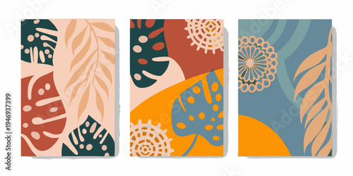 Three abstract panels displaying botanical illustrations in warm tones