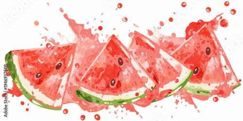 Sliced watermelon with splashing juice and scattered seeds against a white background